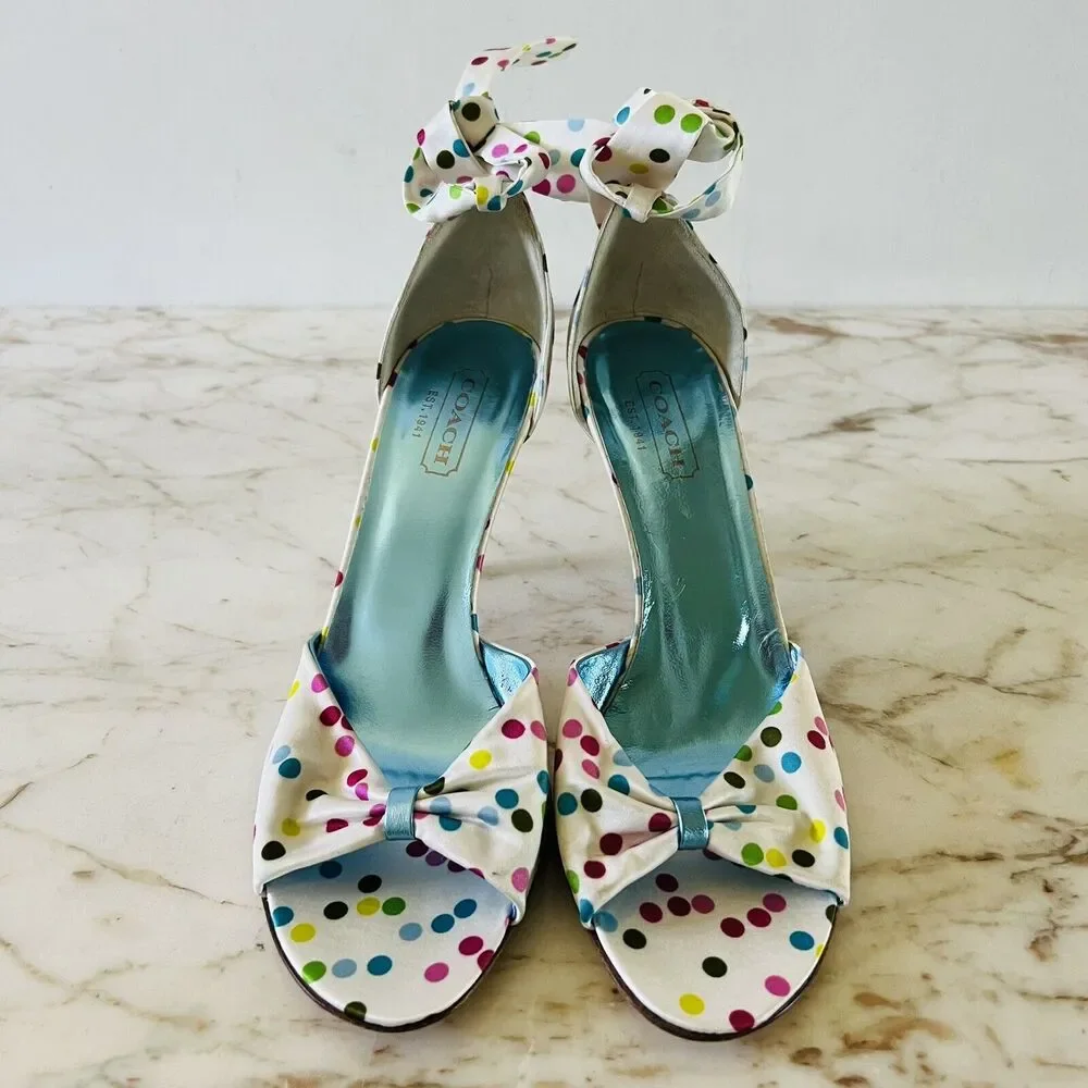 COACH Glena White Multi Satin Polka Dot Heels Bow Accents - US 8.5 - Picture 2 of 9
